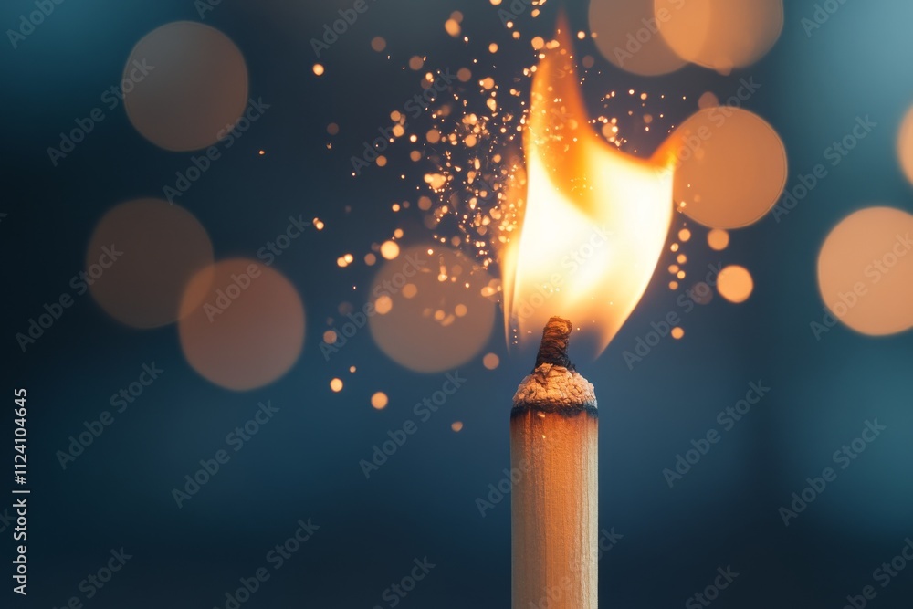 Poster a close-up of a lit matchstick with bright sparks emanating from the flame, set against a blurred, w