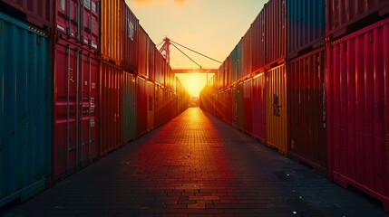 Fototapeta premium Sunset Illuminates a Path Between Rows of Colorful Cargo Shipping Containers