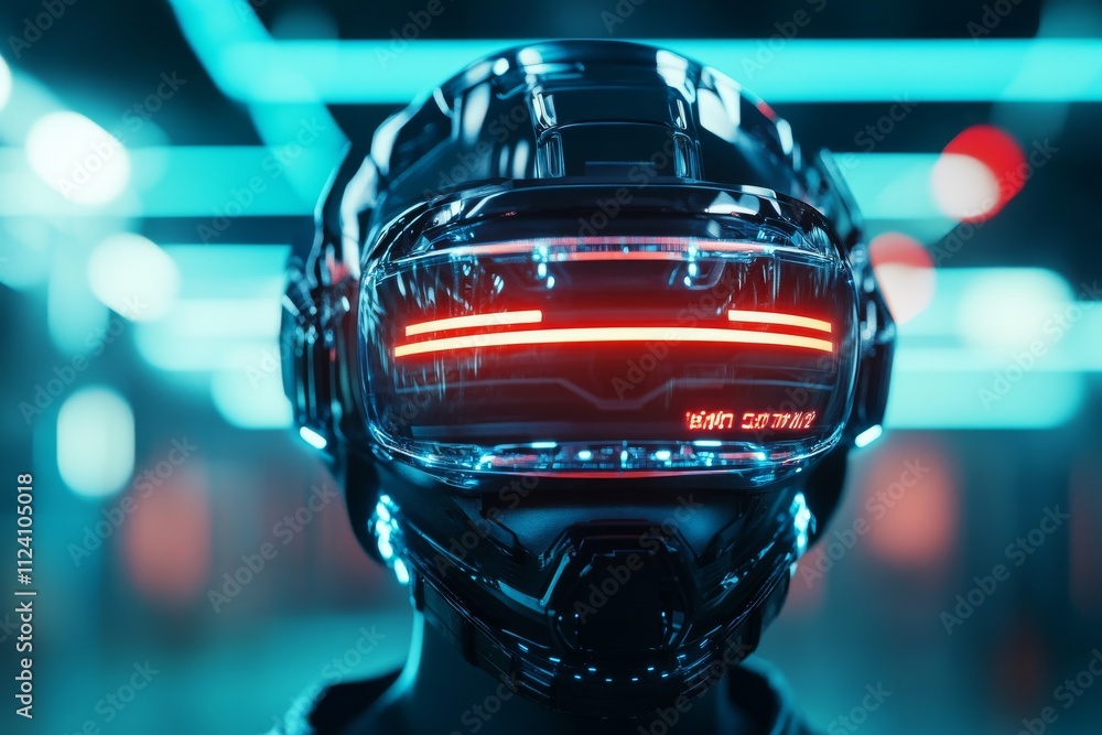 Poster a futuristic helmet with a glowing red visor, set in a sci-fi environment, suggesting high-tech, adv
