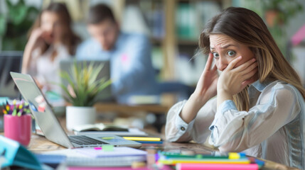 Worried young female employee stressed at desk in modern office, overwhelmed with tasks and laptop work, corporate pressure and multitasking challenges