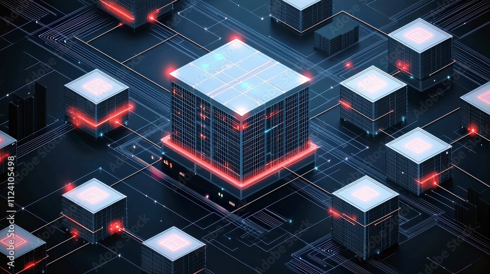 Aufkleber futuristic digital landscape showcasing illuminated data centers and interconnected network lines in