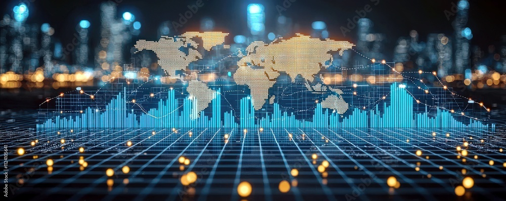 Aufkleber abstract digital world map with glowing data visualization and financial charts against a futuristic