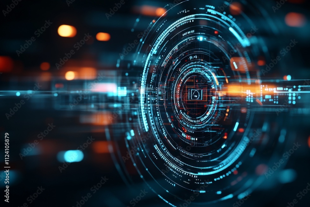 Poster a futuristic digital interface features a glowing circular display filled with intricate data visual