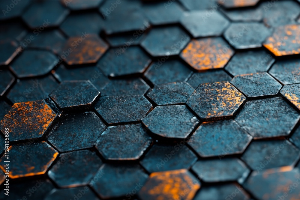 Poster a close-up view of hexagon-shaped tiles with a rusty blue pattern, showcasing the intricate design a