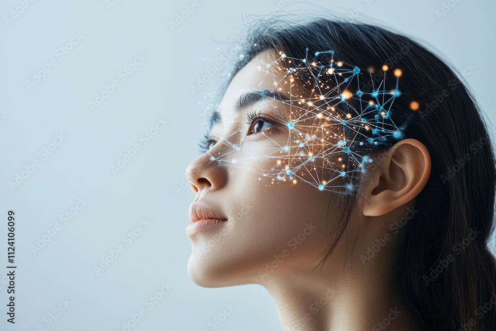 Poster a profile of a face is intertwined with a glowing digital network, representing the interconnectedne
