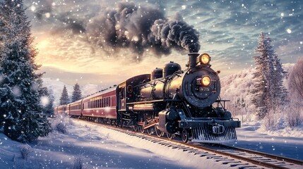 Fototapeta premium black luxury locomotive running in winter landscape with snow. Christmas decoration.