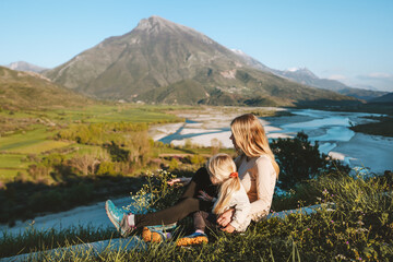 Family mother and child traveling in Albania, enjoying view outdoor active vacations healthy...