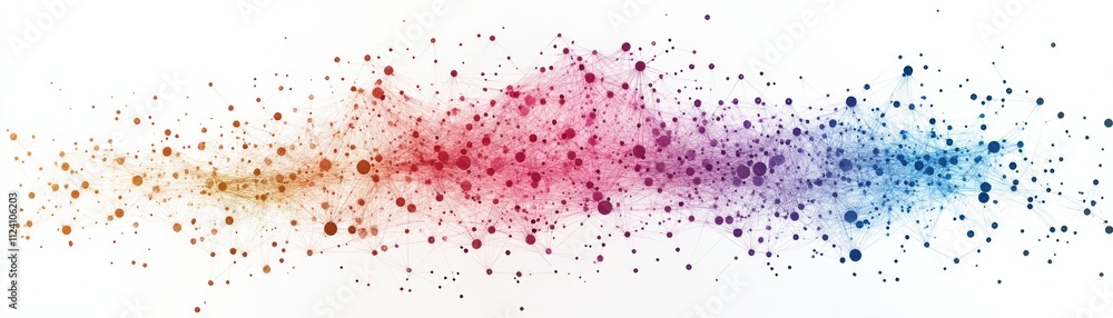 Poster a vibrant splash of color with scattered dots blending hues of pink, blue, and orange, creating an a