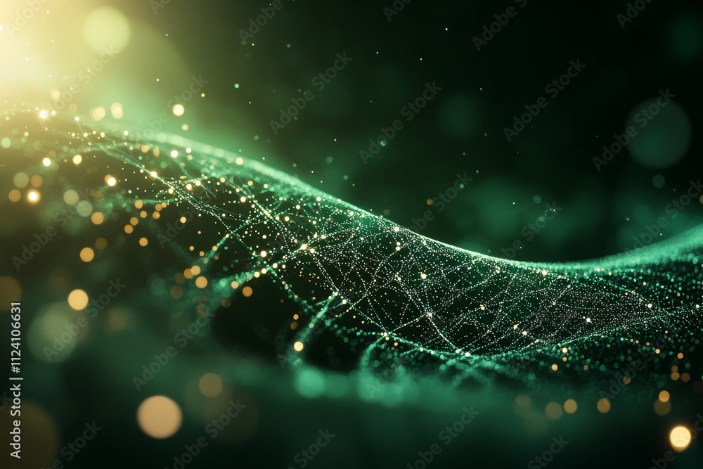Aufkleber a fluid network of green light and glowing particles creates an abstract pattern, symbolizing techno
