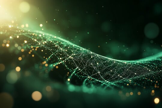 A fluid network of green light and glowing particles creates an abstract pattern, symbolizing technology, connection, and innovation in a modern artistic style.