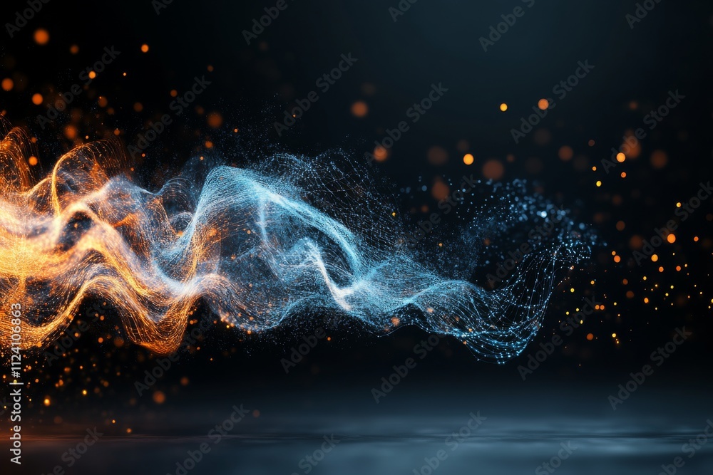 Poster an abstract representation of swirling waves of warm and cool lights in motion, symbolizing harmony 