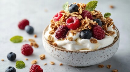 Yogurt with granola, blueberries and raspberries