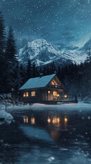 Fototapeta premium Tranquil winter cabin by a reflective lake under starry sky