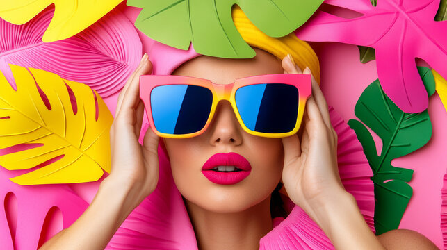 Vibrant woman with bold pink lips and oversized sunglasses surrounded by colorful tropical leaves, exuding fun and playful summer vibe