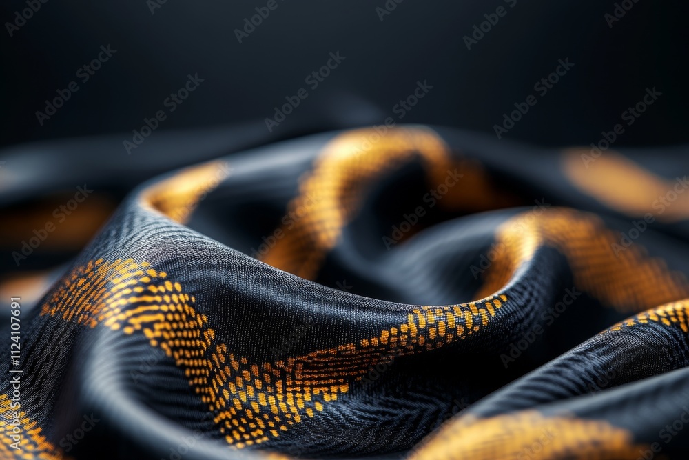 Poster a close-up of a fabric featuring a striking orange pattern woven into a dark background, showcasing 