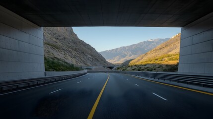 Scenic Highway Merging into Mountain Tunnel Surrounded by Natural Beauty and Warm Light in a Picturesque Landscape of Serenity and Adventure