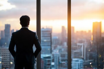 A businessman looks out over a city skyline at sunrise, symbolizing ambition and new beginnings, representing hope and potential future success.