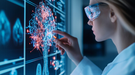 Innovative scientist analyzing data on futuristic screen, showcasing digital brain model with vibrant connections. atmosphere is filled with curiosity and technological advancement