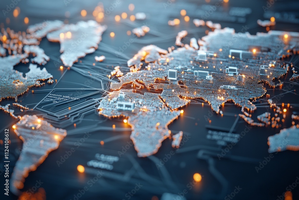 Poster a digital representation of a world map adorned with numerous illuminated network connections, symbo