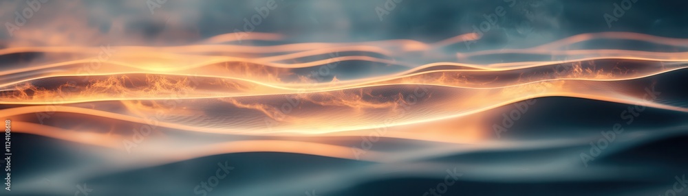 Poster a serene, abstract depiction of flowing waves illuminated by soft, warm light, creating a calming an