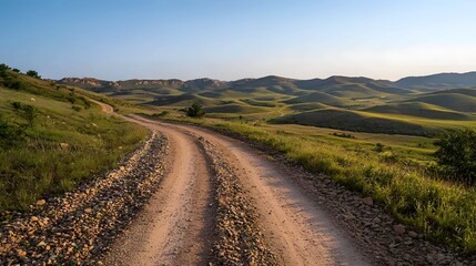 Scenic Overgrown Dirt Road Cutting Through Rocky Hills Under a Clear Sky with the Sunlight Highlighting the Natural Landscape