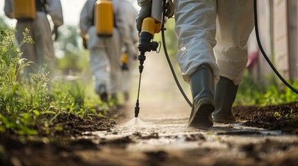Workers in protective suits spraying pesticide on ground