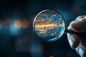 A hand holds a magnifying glass over glowing digital circuit lines, symbolizing focus, analysis, and technology, highlighting attention to detail in modern tech.