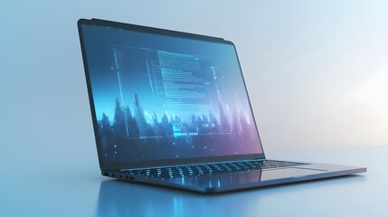 Futuristic Laptop Displays Data And Digital Cityscape