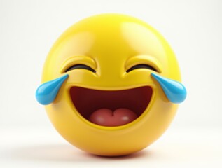 Bright and cheerful 3D rendered yellow emoji with tears of joy streaming down its face and a wide open-mouth laugh