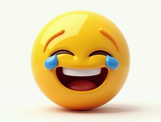 Fototapeta premium Playful 3D rendered yellow emoji with tears of laughter streaming down its face and a big smile