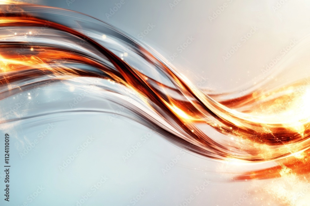 Poster artistic swirling streaks of red and orange fire-like lights flow gracefully across a light backgrou