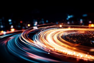 Fototapeta premium A breathtaking display of dynamic, vibrant light trails in an urban night setting, conveying motion, energy, and modern city life in mesmerizing patterns.