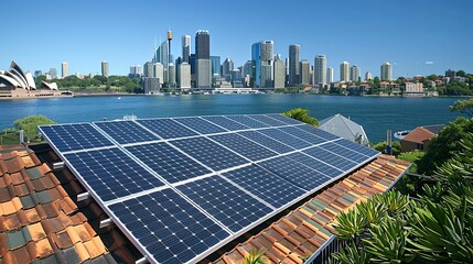 Sydney Skyline Viewed from a Rooftop with Solar Panels