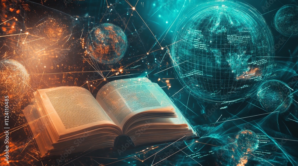 Aufkleber an open book surrounded by glowing planet and digital networks, symbolizing knowledge and exploratio