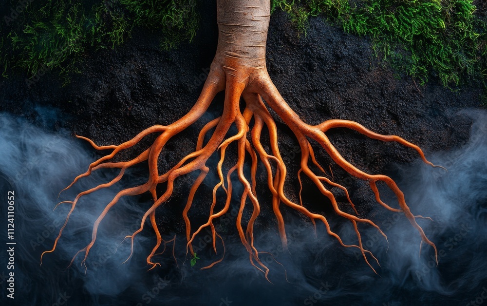 Poster tree roots entwined in mist on dark soil background.