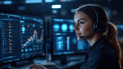 A focused woman in a headset analyzes data on multiple monitors, immersed in a high-tech environment.