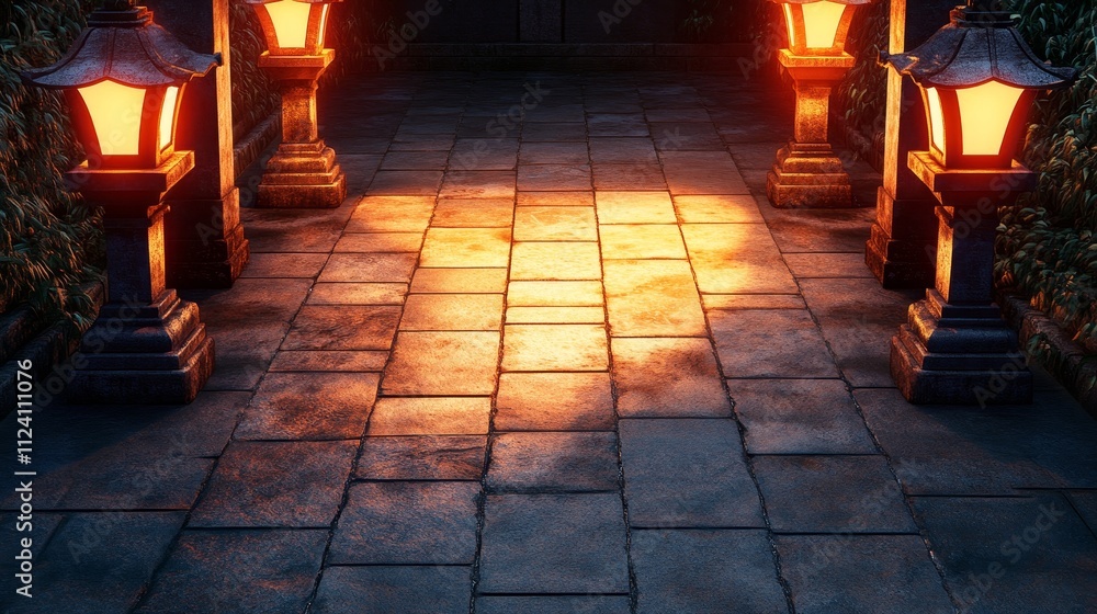 Poster a serene pathway illuminated by glowing lanterns, creating a warm and inviting atmosphere.