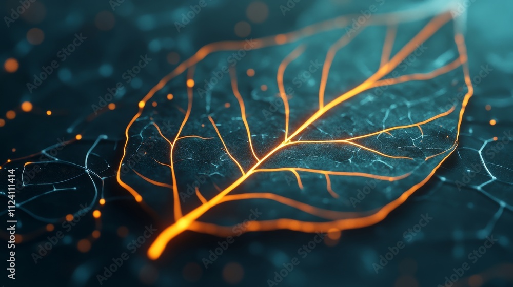 Poster illuminated leaf with digital network background.