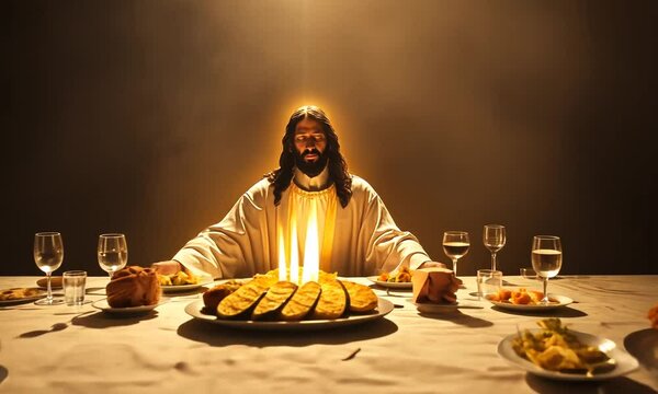 A depiction of a figure at a long table, surrounded by bread and wine, evoking a religious scene.