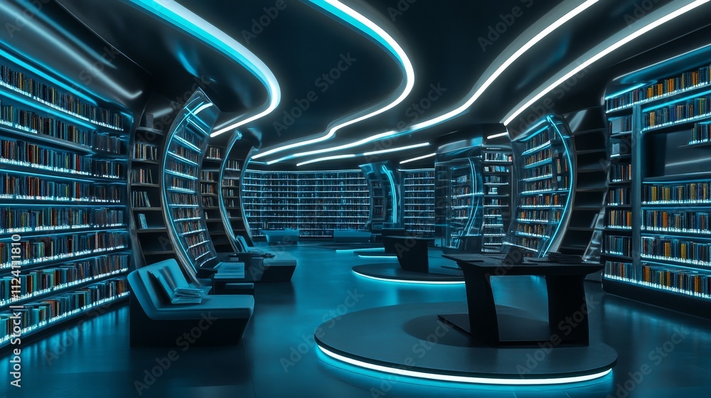 Poster a modern library featuring futuristic design and illuminated bookshelves for reading and study.