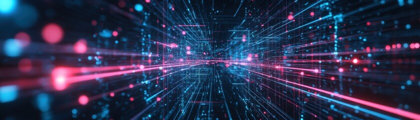 Fototapeta premium Futuristic high-tech environment with neon pink and blue lines on glossy black surfaces, symbolizing a dynamic data network in motion, ideal for advanced technology and connectivity themes.