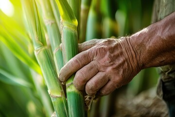 Close-up of farmer's hand holding sugarcane. Illustrates agricultural work, harvesting, and rural life.