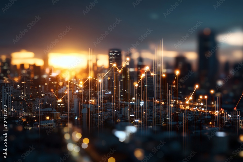 Poster a stunning cityscape during sunset with a transparent overlay of upward-trending graphs and data poi