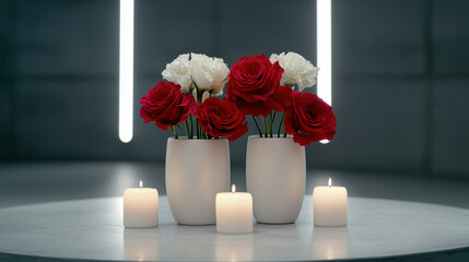 Elegant red and white flower arrangement in vases with candles on table