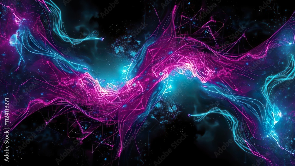 Poster the image could be named abstract smoke design with glowing blue waves and futuristic patterns
