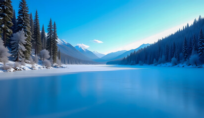 A tranquil winter scene featuring a serene frozen lake, snow-covered trees, and majestic mountain ranges under a bright blue sky.