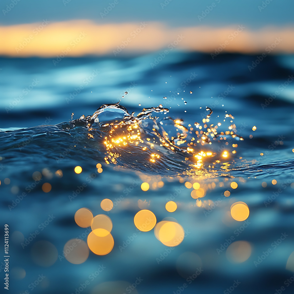 Poster water splashing action at sunset bokeh effects seaside environment captured in close-up perspective 