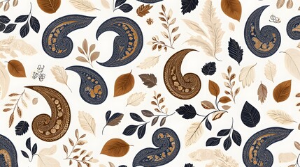 Elegant Vintage Seamless Pattern Featuring Classic Paisley Motifs and Natural Elements with Delicate Leaves in Earthy Tones for Timeless Design Projects