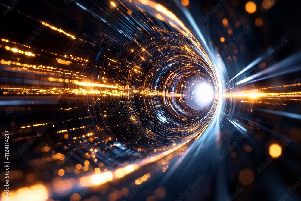 Poster a mesmerizing tunnel filled with cascading light particles creating a sense of energy flow and depth