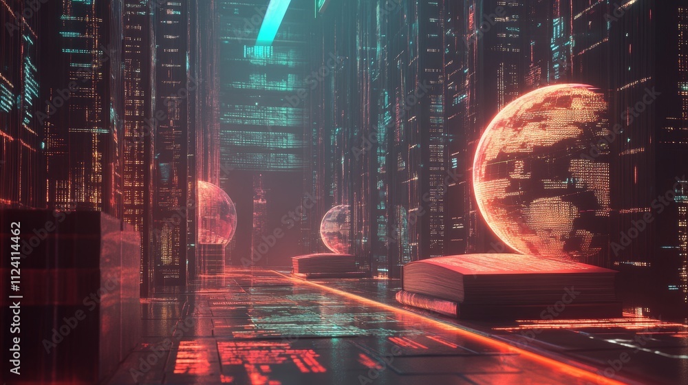 Poster a futuristic digital library with glowing books and holographic planet in a high-tech environment.